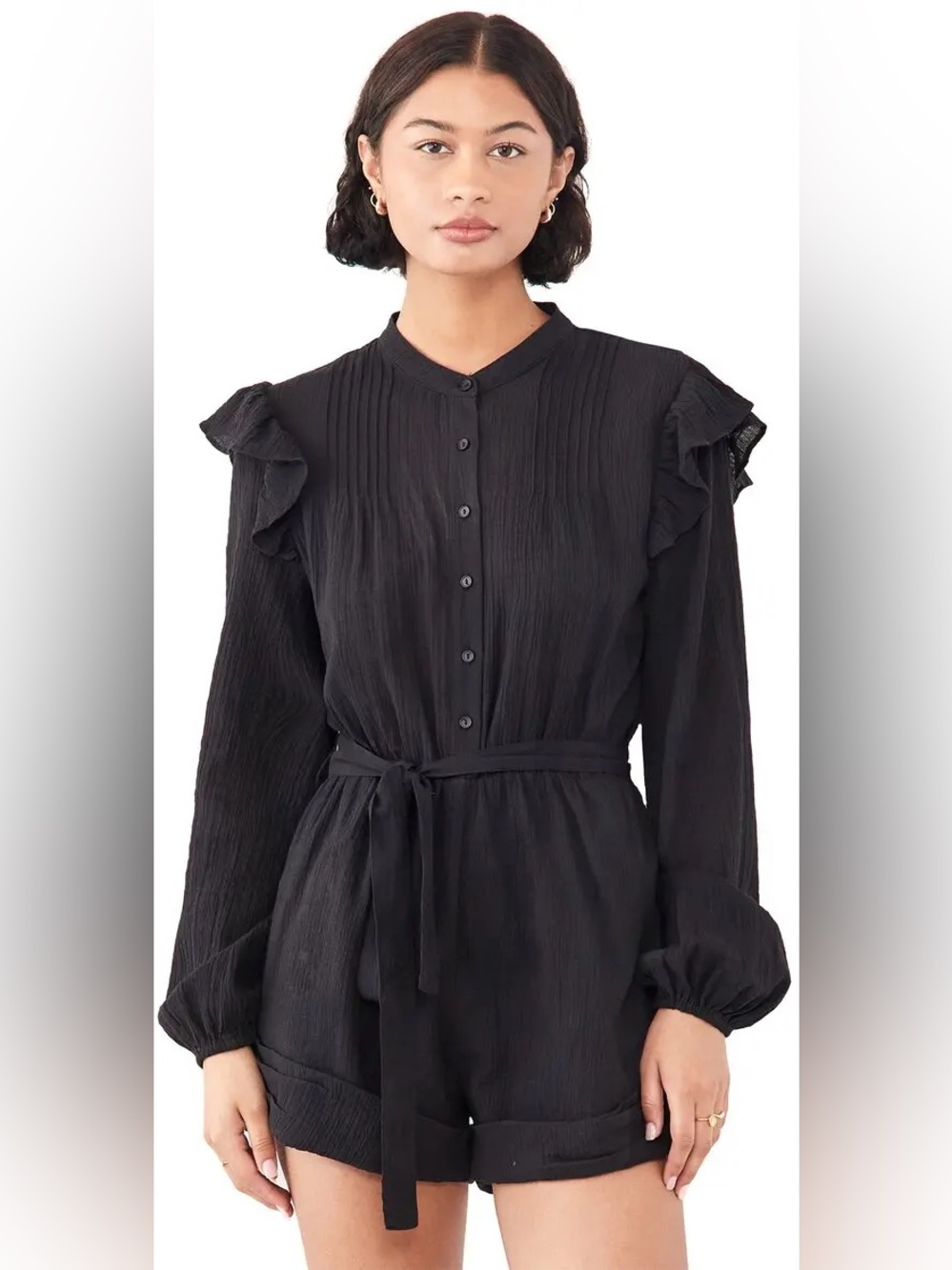 Minkpink Miley Black Ruffle-Sleeve Button Romper sz S